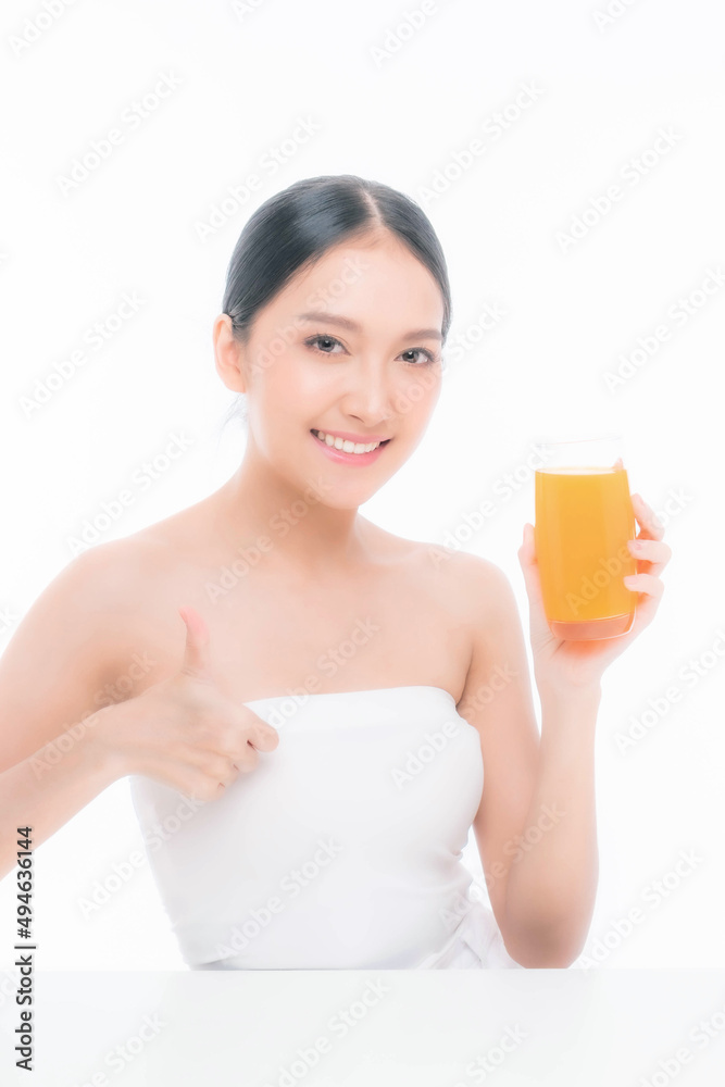 Beautiful beauty Asian woman cute girl feel happy drinking orange juice for good health on white background with copy space - lifestyle beauty woman healthy concept Beautiful beauty Asian woman cute girl feel happy drinking orange juice for good health on white background with copy space - lifestyle beauty woman healthy concept
