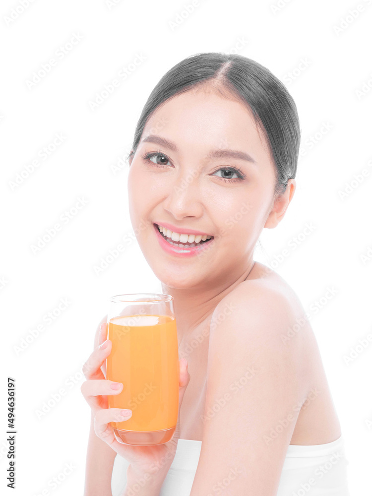 Beautiful beauty Asian woman cute girl feel happy drinking orange juice for good health on white background - lifestyle beauty woman healthy concept Beautiful beauty Asian woman cute girl feel happy drinking orange juice for good health on white background - lifestyle beauty woman healthy concept