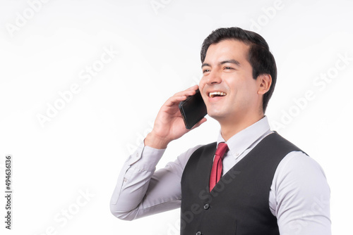 lifestyle Asian man feel happy talking on smart phone isolated on white background with copy space , business concept