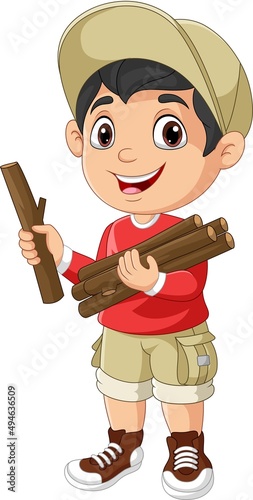 Cartoon boy scout carrying firewood