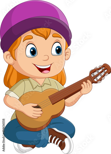 Cartoon little boy playing a guitar