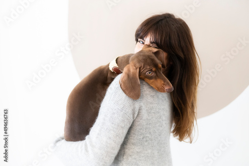 Girl petting a small Dachshund dog on the sofa at home.