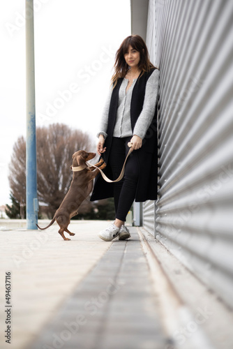 Girl walking down the street small Dachshund dog