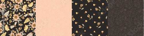 Modern floral pattern, large flowers and butterflies, polka dot pattern, small spots. Seamless pattern set. Modern design for paper, cover, fabric, decor, print. Design for paper, cover, fabric, decor