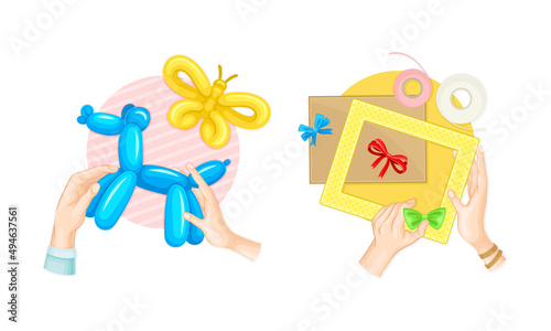 Craft hobbies set. View from above of human hands creating crafts. Modeling from balloons and frame making and decoration cartoon vector illustration