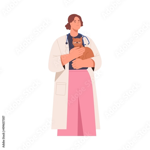 Veterinarian doctor with cat patient in hands. Happy woman vet holding pet. Smiling female veterinary professional with feline animal in arms. Flat vector illustration isolated on white background