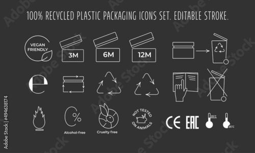 Cosmetic package icons set for recycle plastic product. Vector stock illustration isolated on black chalkboard background. Editable stroke. photo