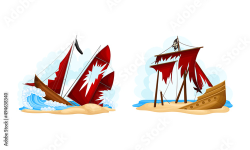 Shipwreck of pirate ships with red sails set. Vintage wooden vessels sinking in sea, ocean cartoon vector illustration