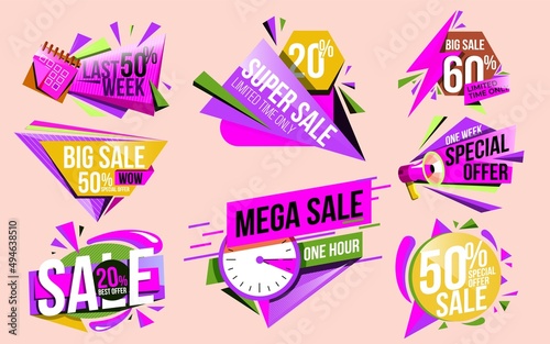 Sale sticker with guaranteed commerce clearance promo set. Retail marketing offer with shopping discount for cheap purchase