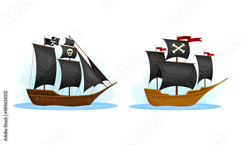Pirate ships set. Vintage vessels with black sails cartoon vector illustration