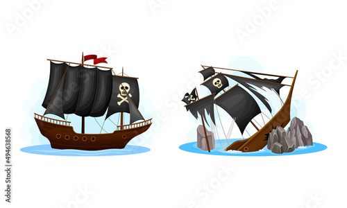 Pirate ships set. Vessel with black sails sinking in the ocean cartoon vector illustration