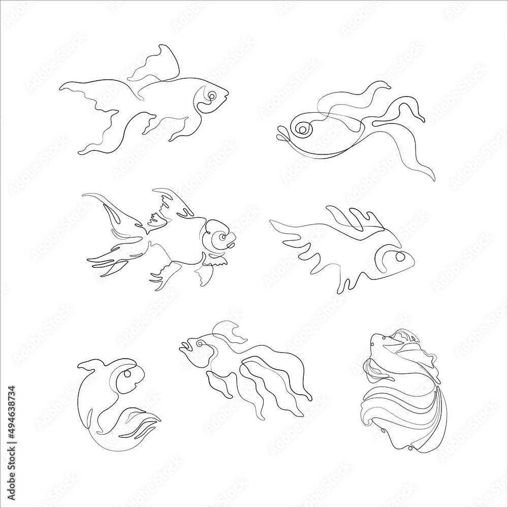 Fish continuous line drawing, tattoo, print and logo design, beautiful aquarium fish silhouette single line on a white background, isolated vector line art illustration. Fish continuous line drawing, tattoo, print and logo design, beautiful aquarium fish silhouette single line on a white background, isolated vector line art illustration.
