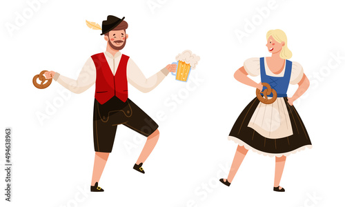 People in traditional Bavarian clothes celebrating Oktoberfest beer festival. Man and woman dancing vector illustration