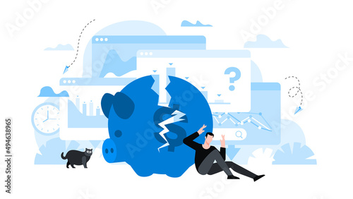 Stressed person sitting at broken piggy bank. Animation ready duik friendly vector. Conceptual business story. Financial crisis, economic recession, bankruptcy, depression.