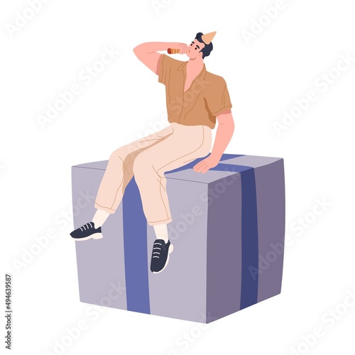 Happy man in birthday hat, sitting on big gift box. Person congratulating with holiday. Guy on huge present, surprise, blowing in festive pipe. Flat vector illustration isolated on white background
