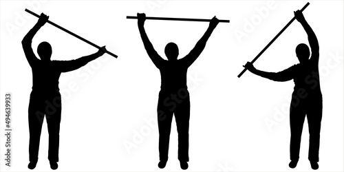 Three black female silhouettes isolated on white background. Human positions for gradual motion animation. An elderly woman performs physical exercises with a gymnastic stick in his hands. Front view.