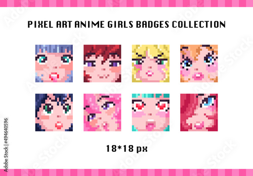 Pixel art cute labels with kawaii anime girl faces. Vintage mosaic 8 bit game style anime girls badges for design stream icons, labels, decoration. Anime girls faces emoji set.