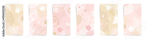 Golden week spring sale stories banners fashion template set. Japanese design for stories, promo posts. Design with wavy patterns, tradition style abstract elements in pink, beige, white colors set.