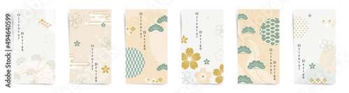 Golden week spring sale stories banners fashion template set. Japanese design for stories, promo posts. Design with wavy patterns, tradition style aesthetic elements in gold, beige, green colors set.