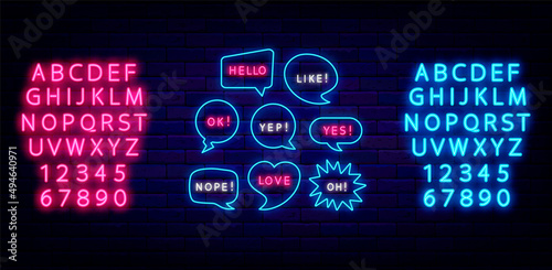 Comics speech bubbles neon sign collection. Best, hi and omg shiny text. Blue and pink alphabet. Vector illustration