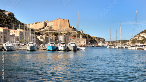 marina of Bonifacio in Corsica island, and the ramparts in the background