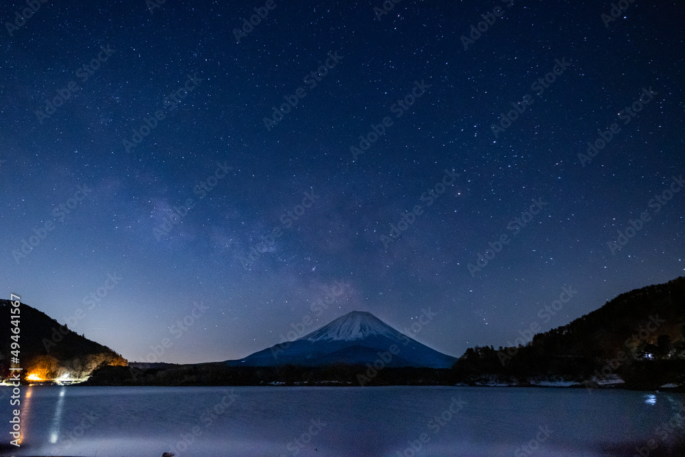 山梨県精進湖と富士山と天の川の星空