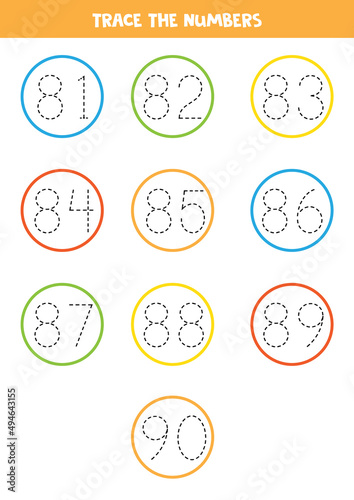 Tracing numbers from 81 to 90. Writing practice for kids.