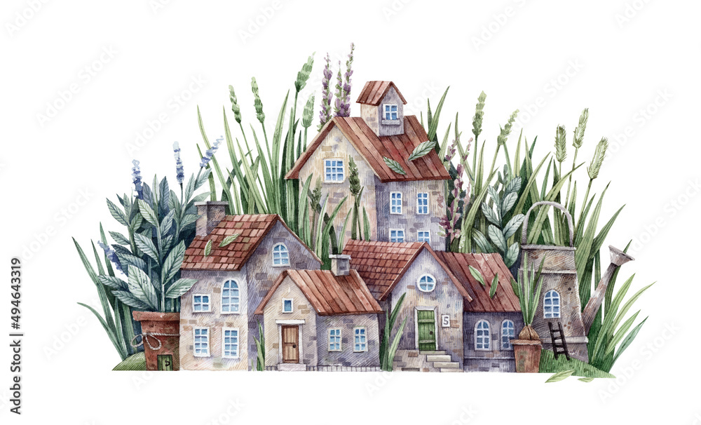 Watercolor illustration of rural medieval houses in a fragrant herb garden. Rural street illustration isolated on white background.