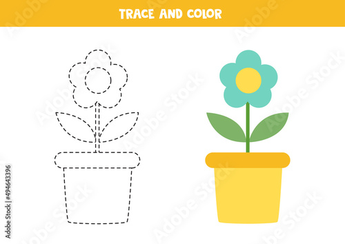 Trace and color cartoon flower. Worksheet for children.