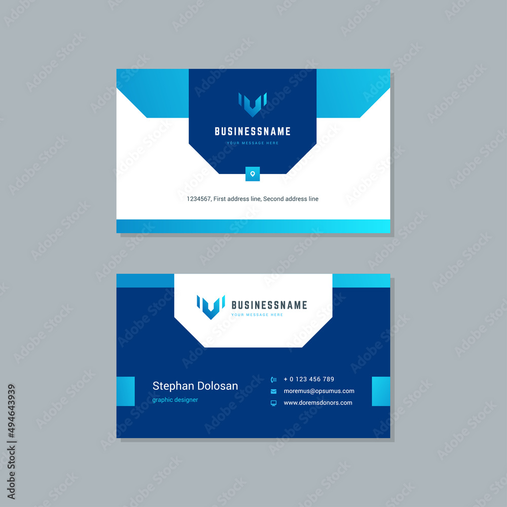 Business card design trendy blue colors template modern corporate branding style vector illustration. Two sides with abstract logo on clean background.