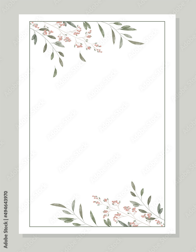 Modern invitation template in minimalistic, rustic and watercolor style. Greeting card design with frame, watercolor leaves, branches and flowers. Vector illustration