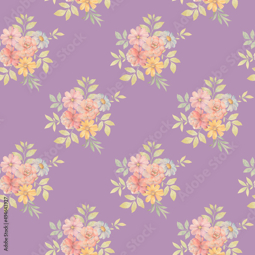 Seamless floral pattern. Ornament of delicate bouquets of flowers. Watercolor illustration of flowers for design  textiles  wallpapers. ready-made seamless background.