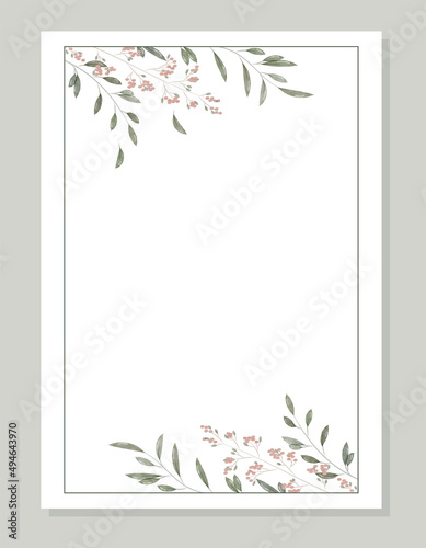 Modern invitation template in minimalistic, rustic and watercolor style. Greeting card design with frame, watercolor leaves, branches and flowers. Vector illustration