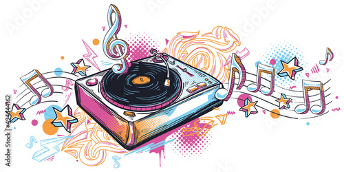 Turntable with graffiti arrows and musical notes, colorful funky music design