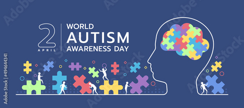 Canvastavla World Autism Awareness Day - abstract white line human head with colorflu puzzle