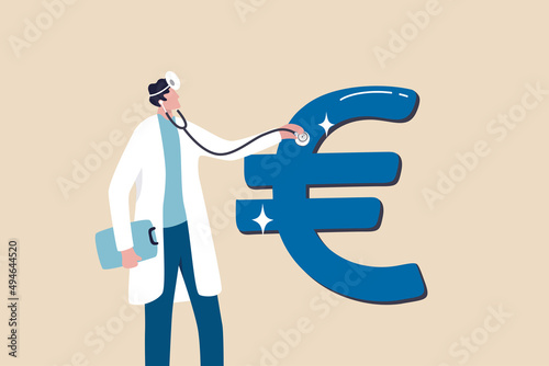Financial analyst to check for Europe economy, debt or currency, investment analysis or analyze expense and cost concept, smart doctor with stethoscope to listen and analyze Euro money symbol. photo