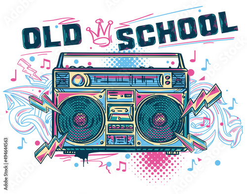 Old school - funky colorful music boombox design with notes and graffiti arrows