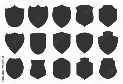 Big shields collection. Black silhouette shield shape, black label. Vintage or retro shields set.