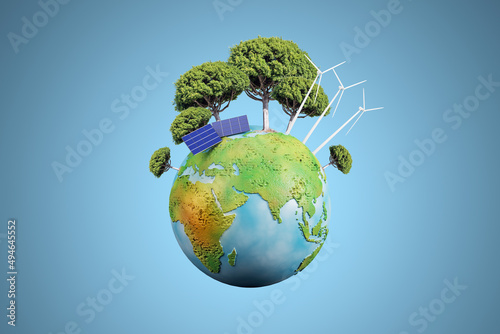 Fototapeta Naklejka Na Ścianę i Meble -  Creative globe with trees and solar panels on blue background. Energy and sustainable concept. 3D Rendering.