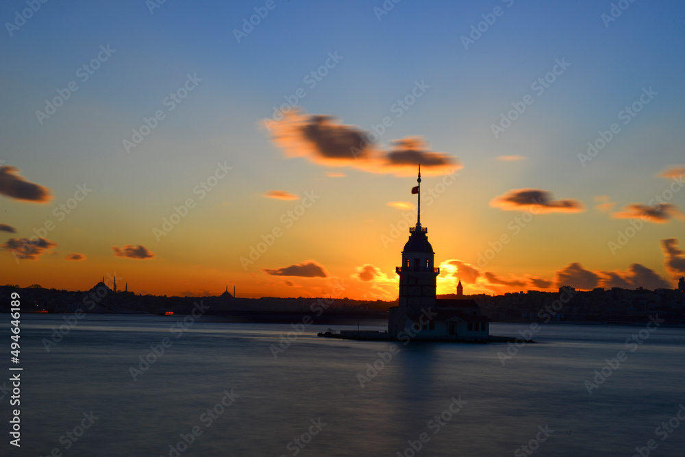 Istanbul Maiden Tower (Kiz Kulesi). Sunset at Maiden's Tower.Istanbul, Turkey
