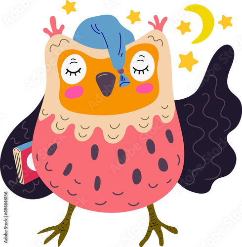 Owl with a book and a night cap. Vector illustration for children