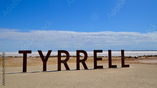 Welcome sign on Lake Tyrrell salt pan in Australian outback photo