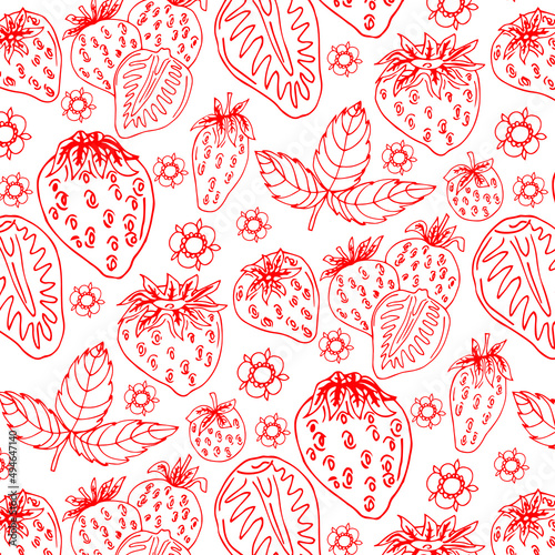 Hand drawn strawberry outline strawberry seamless pattern. Vector illustration.