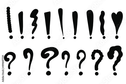 Hand drawn exclamation marks and question marks. Doodle exclamation point. Punctuation marks. Black vector illustration on white background.