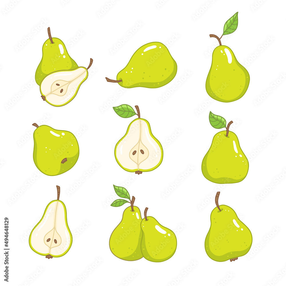 Set with green pears in cartoon style. A whole pear, a slice of pear. Vector isolated food illustration.