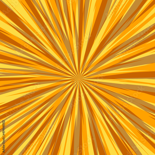 Pop art radial colorful comics book magazine cover. Striped yellow and brown digital background. Cartoon funny retro pattern strip mock up. Vector halftone illustration. Sunburst, starburst shape