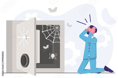 Bankruptcy. The businessman is desperate. A moth flies out of an empty safe and a spider descends on a web