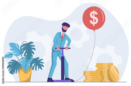 Financial investments. Inflation. Businessman inflates the balloon with dollar