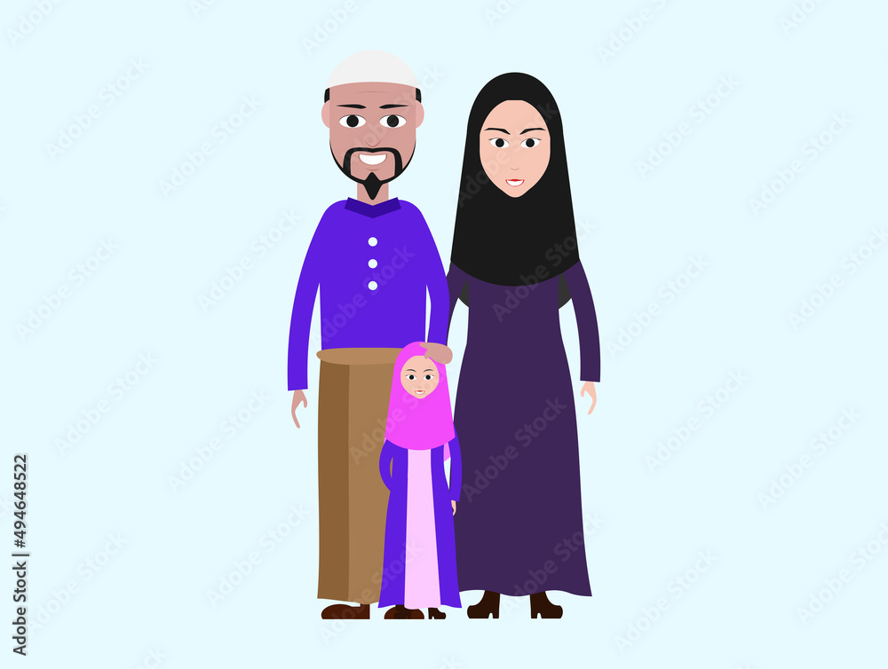 Muslim family cartoon image Islamic attire