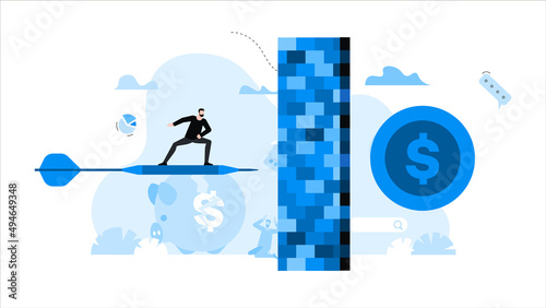Businessman flies on dart like on surfboard. Wall, barrier, problem. Animation ready duik friendly vector. Conceptual business story. Financial crisis, economic recession, bankruptcy, depression.